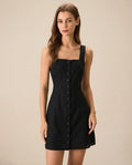 Mini Dress with Black Button and Square Neckline