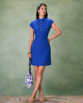 Blue Mandarin Collar Mini Dress with Slit