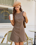 Brown Gingham Sleeveless A-Line Mini Dress