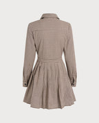 Plaid Mini Dress with Pleated Design in Brown