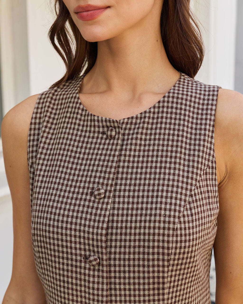 Brown Gingham Sleeveless A-Line Mini Dress