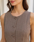 Brown Gingham Sleeveless A-Line Mini Dress