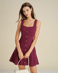 Red Square Neck Mini Dress with Button Details