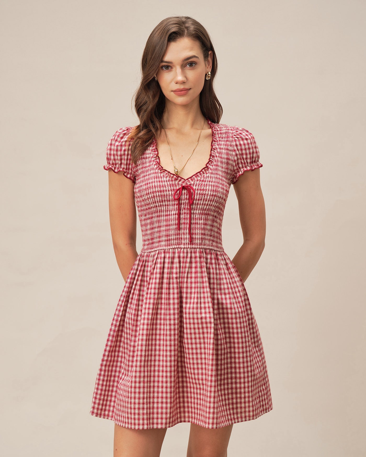 Plaid Mini Dress with Red V-Neck