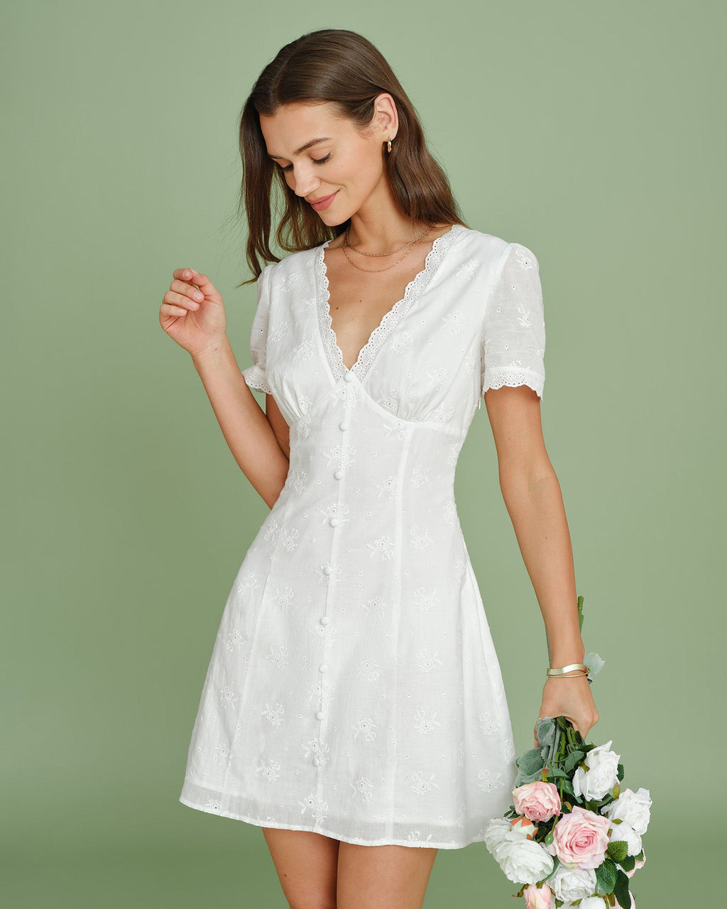 White Lace Mini Dress with V-Neck Embroidery