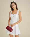 White A-Line Mini Dress with Square Neck and Button Details