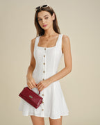 White A-Line Mini Dress with Square Neck and Button Details