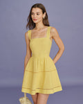 Shirred Mini Dress with Square Neck in Yellow