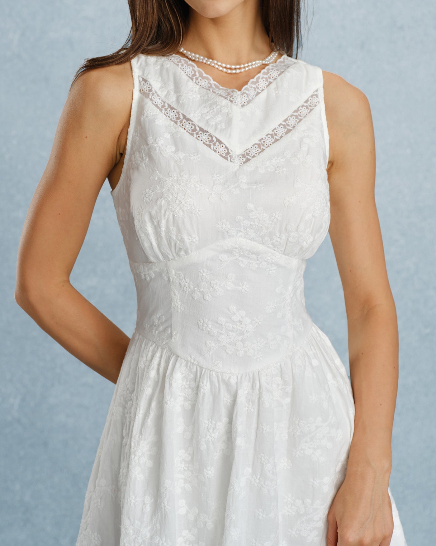 White Lace Embroidered V-Neck Mini Dress