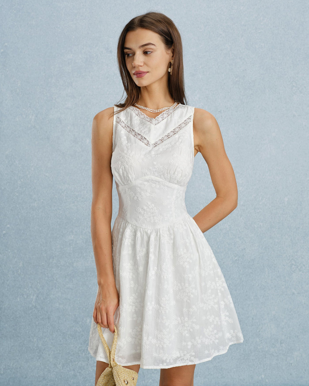 White Lace Embroidered V-Neck Mini Dress