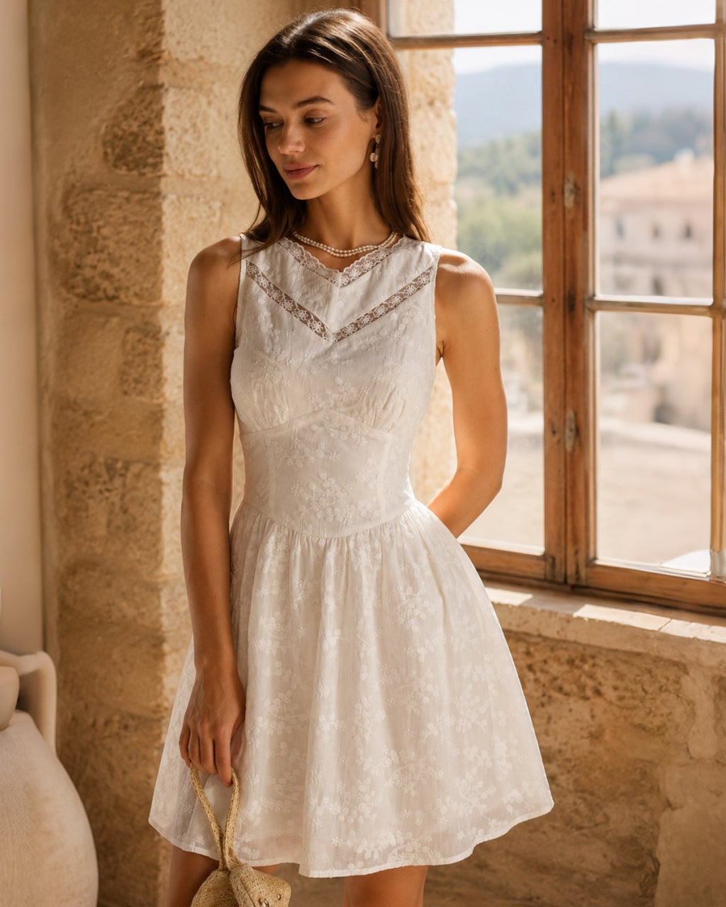 White Lace Embroidered V-Neck Mini Dress