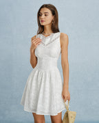 White Lace Embroidered V-Neck Mini Dress