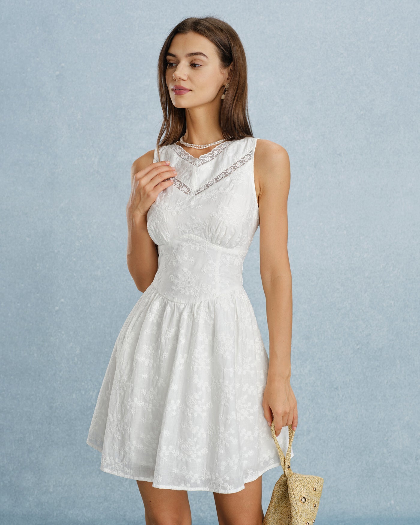 White Lace Embroidered V-Neck Mini Dress