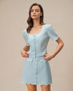 Light Blue Lace-Trimmed Square Neck Button-Up Shirt