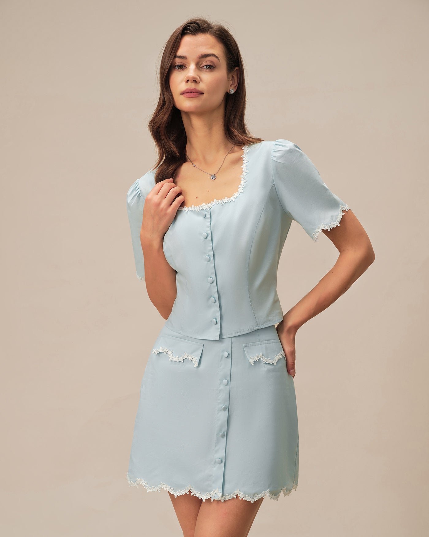 Light Blue Lace-Trimmed Square Neck Button-Up Shirt