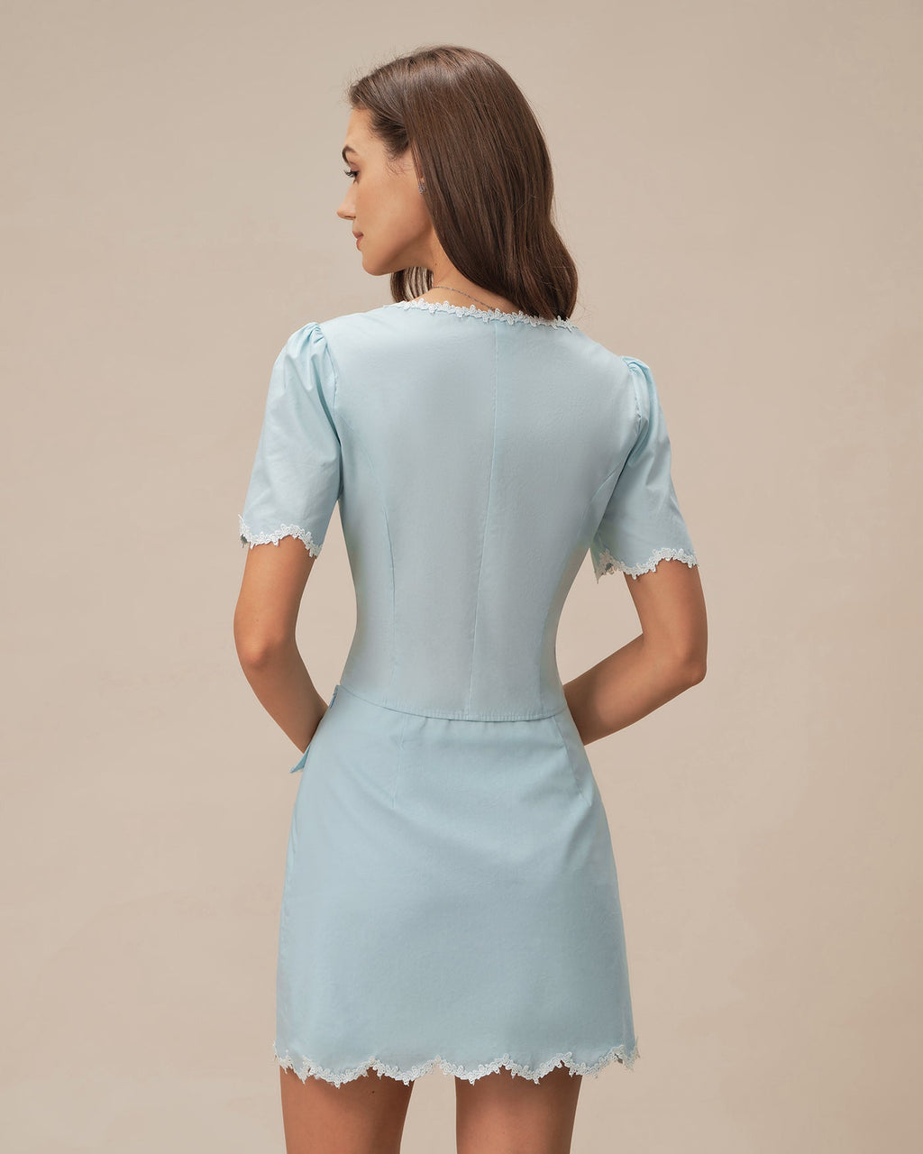 Light Blue Lace-Trimmed Square Neck Button-Up Shirt