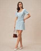 Light Blue Lace-Trimmed Square Neck Button-Up Shirt