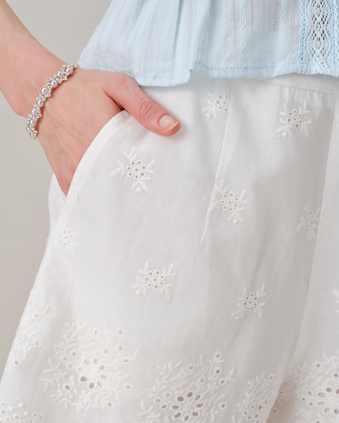 White Embroidered Pocket Shorts