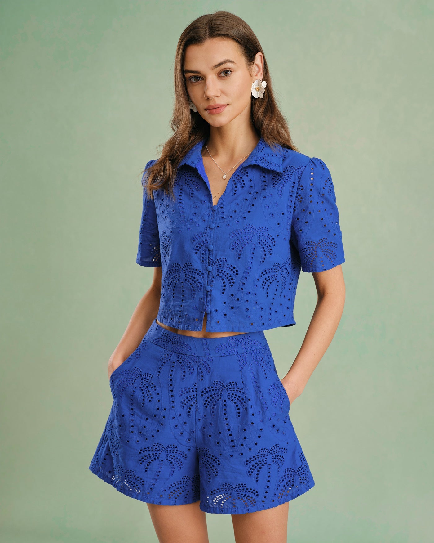 Embroidered Cotton Shorts in Blue