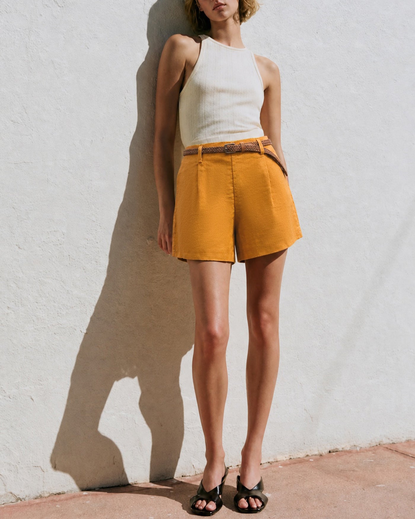 Yellow Solid Pocketed Shorts
