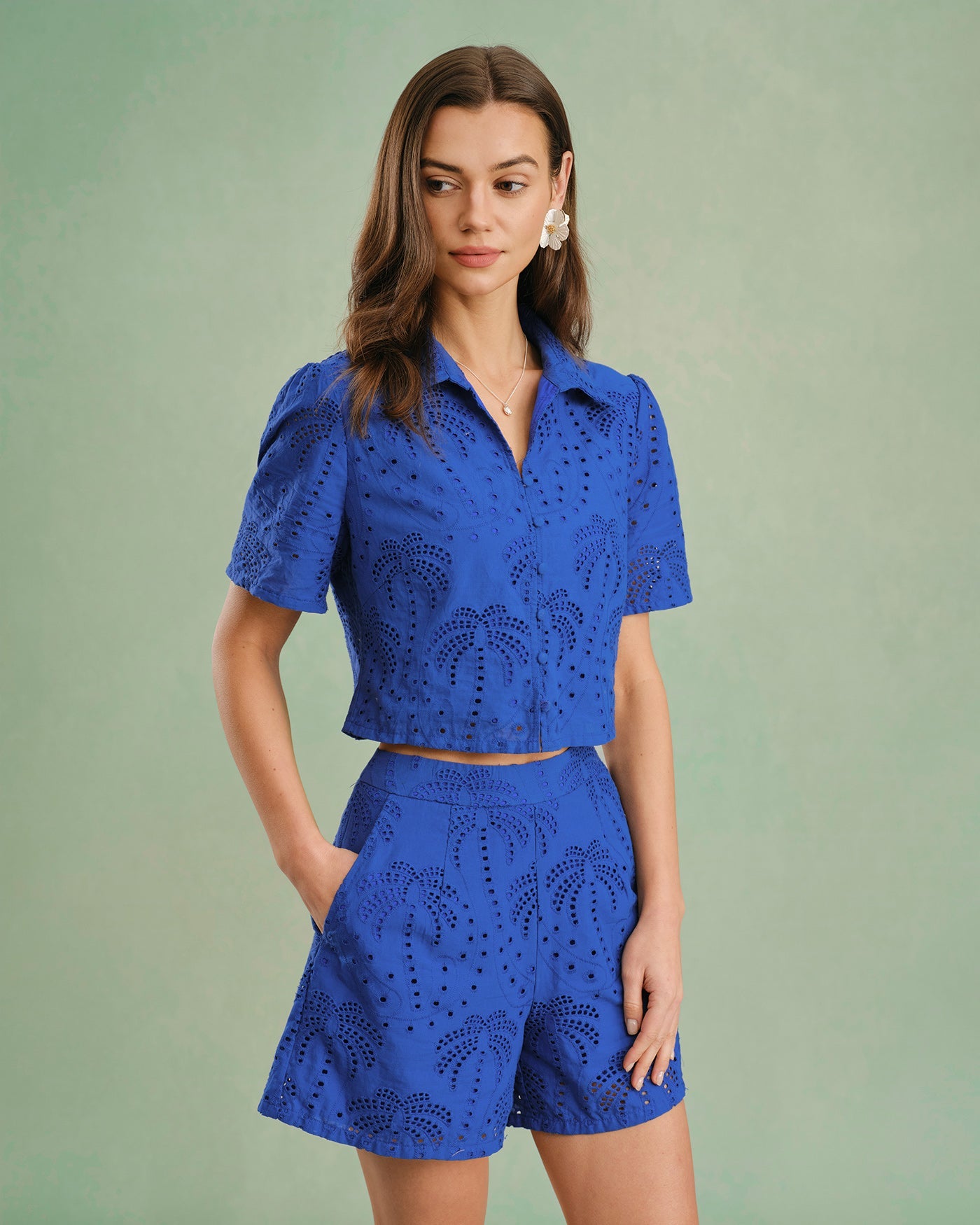 Embroidered Cotton Shorts in Blue