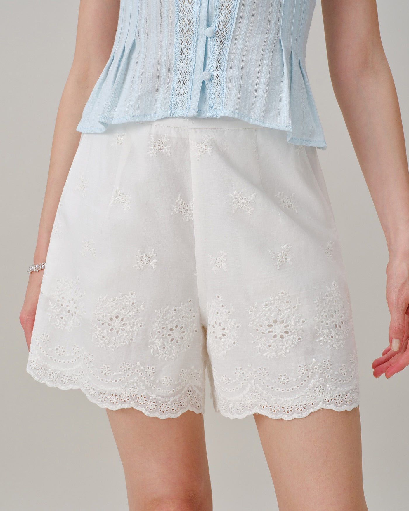 White Embroidered Pocket Shorts