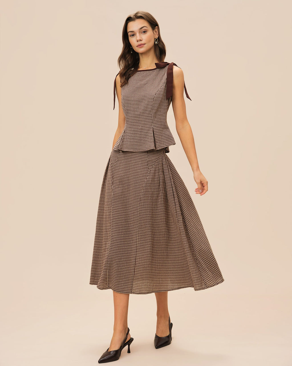 Plaid Midi Skirt in Brown