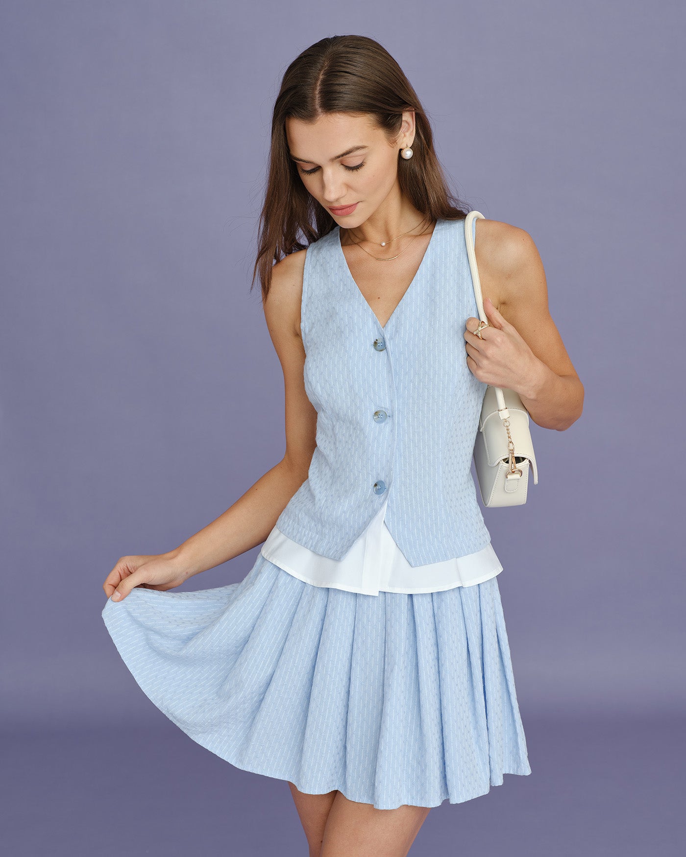 Textured Blue Pleated Mini Skirt