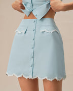 Light Blue Lace-Trimmed Pocket Mini Skirt with Buttons