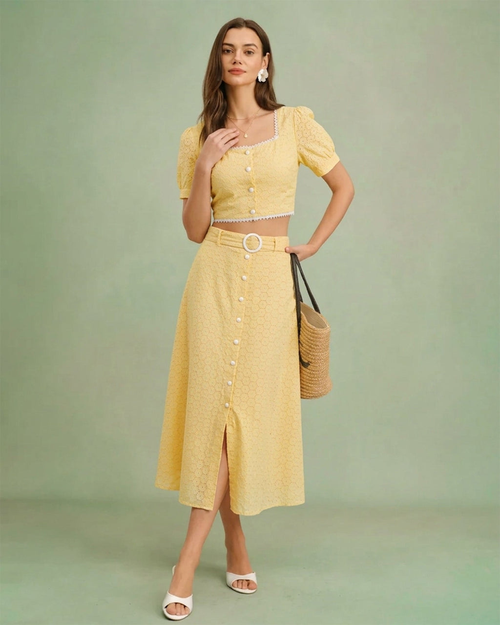 Embroidered Yellow Midi Skirt with Button Detail