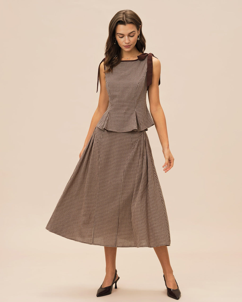 Plaid Midi Skirt in Brown