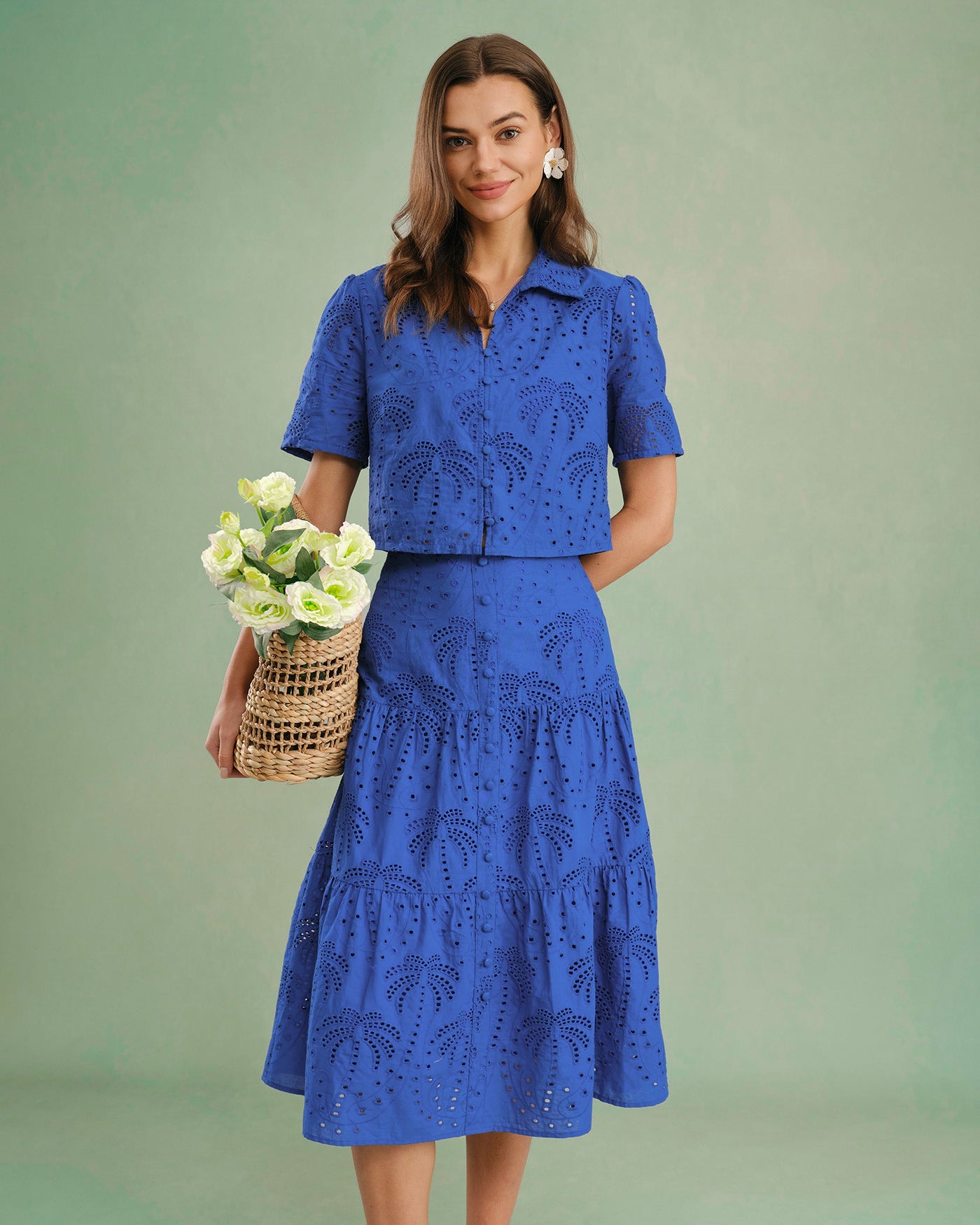 Embroidered Midi Skirt in Blue