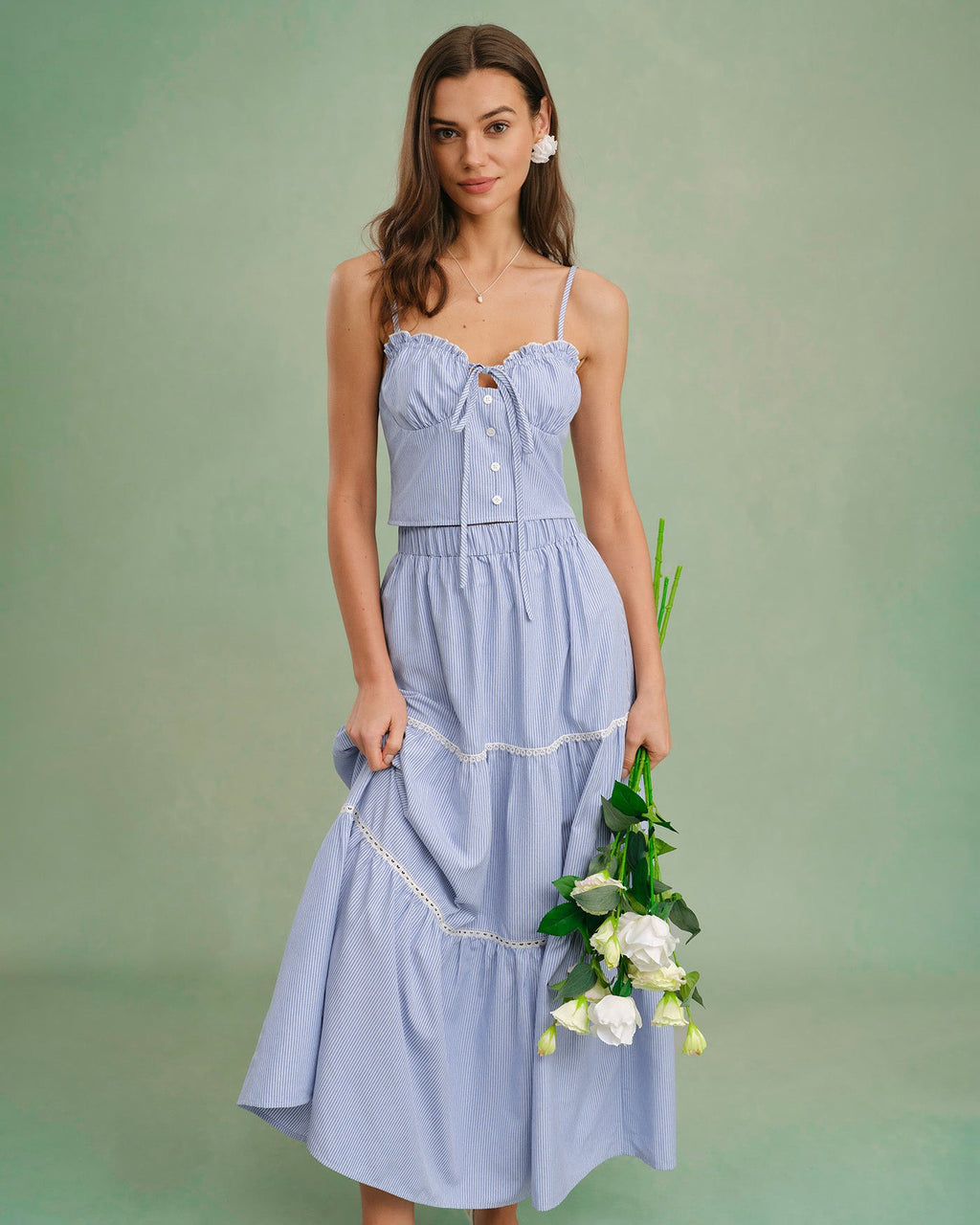 Blue Stretchy Midi Skirt with Elastic Waist