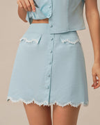 Light Blue Lace-Trimmed Pocket Mini Skirt with Buttons
