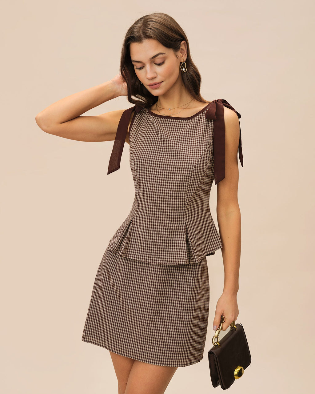 Brown Checkered Cotton Mini Skirt