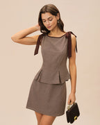 Brown Checkered Cotton Mini Skirt