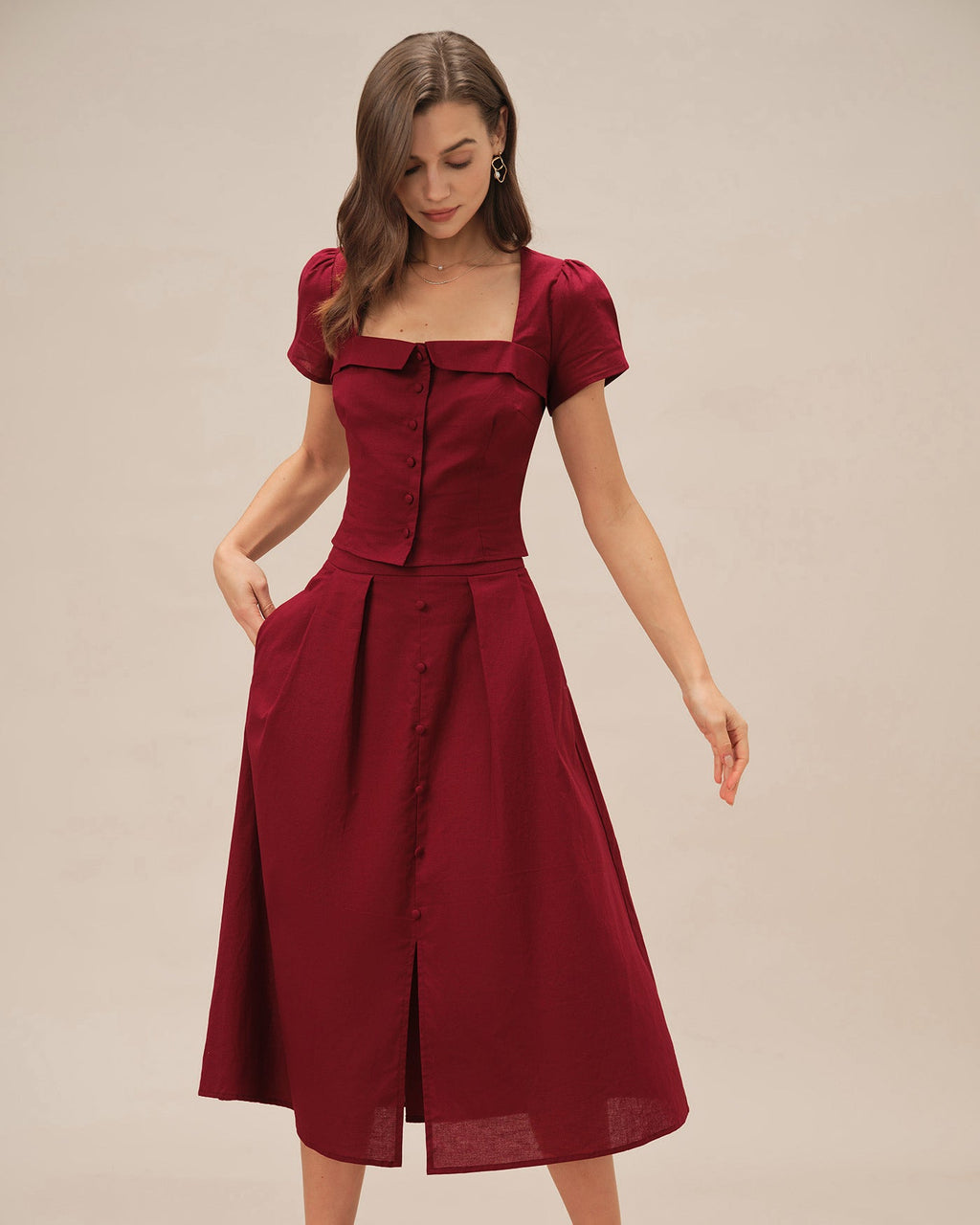 Crimson Ruched Midi Skirt with Slit
