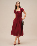 Crimson Ruched Midi Skirt with Slit