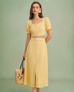 Embroidered Yellow Midi Skirt with Button Detail