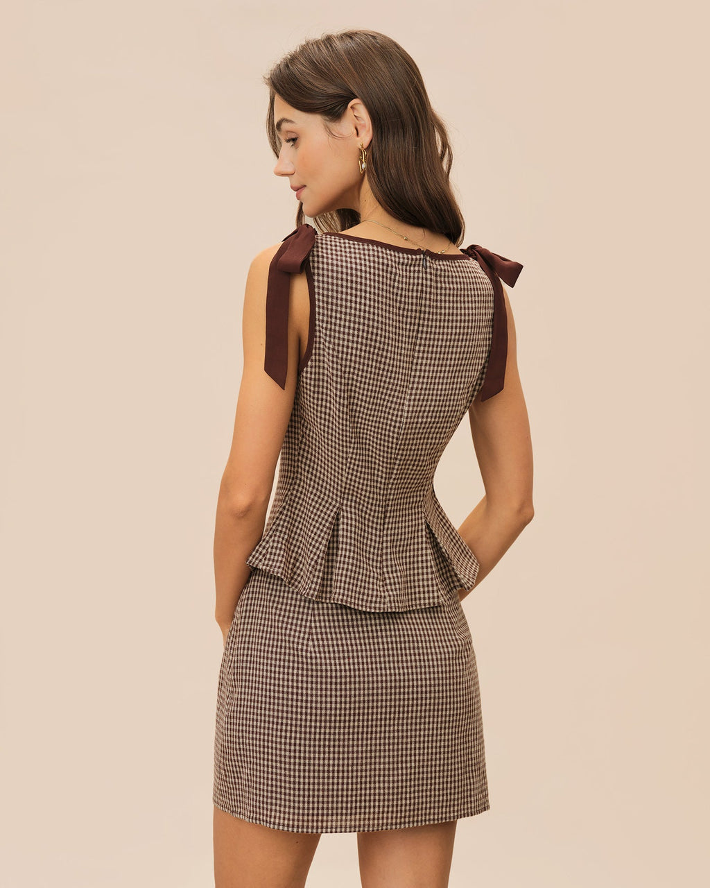 Brown Checkered Cotton Mini Skirt