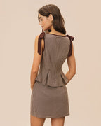 Brown Checkered Cotton Mini Skirt