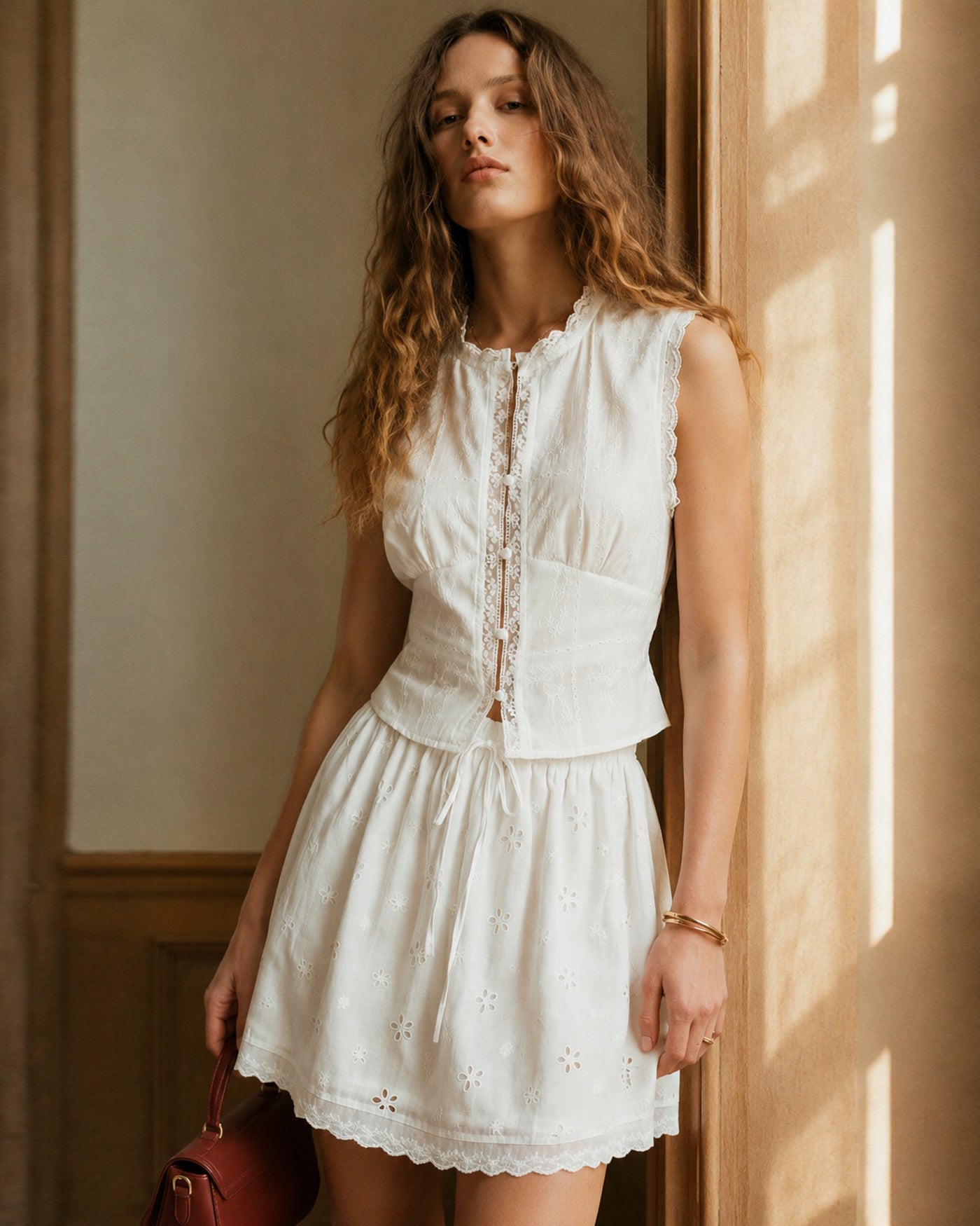 Embroidered Mini Skirt with White Elastic Waist