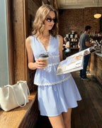 Mini Skirt with Blue Elastic Waist and Tie Detail