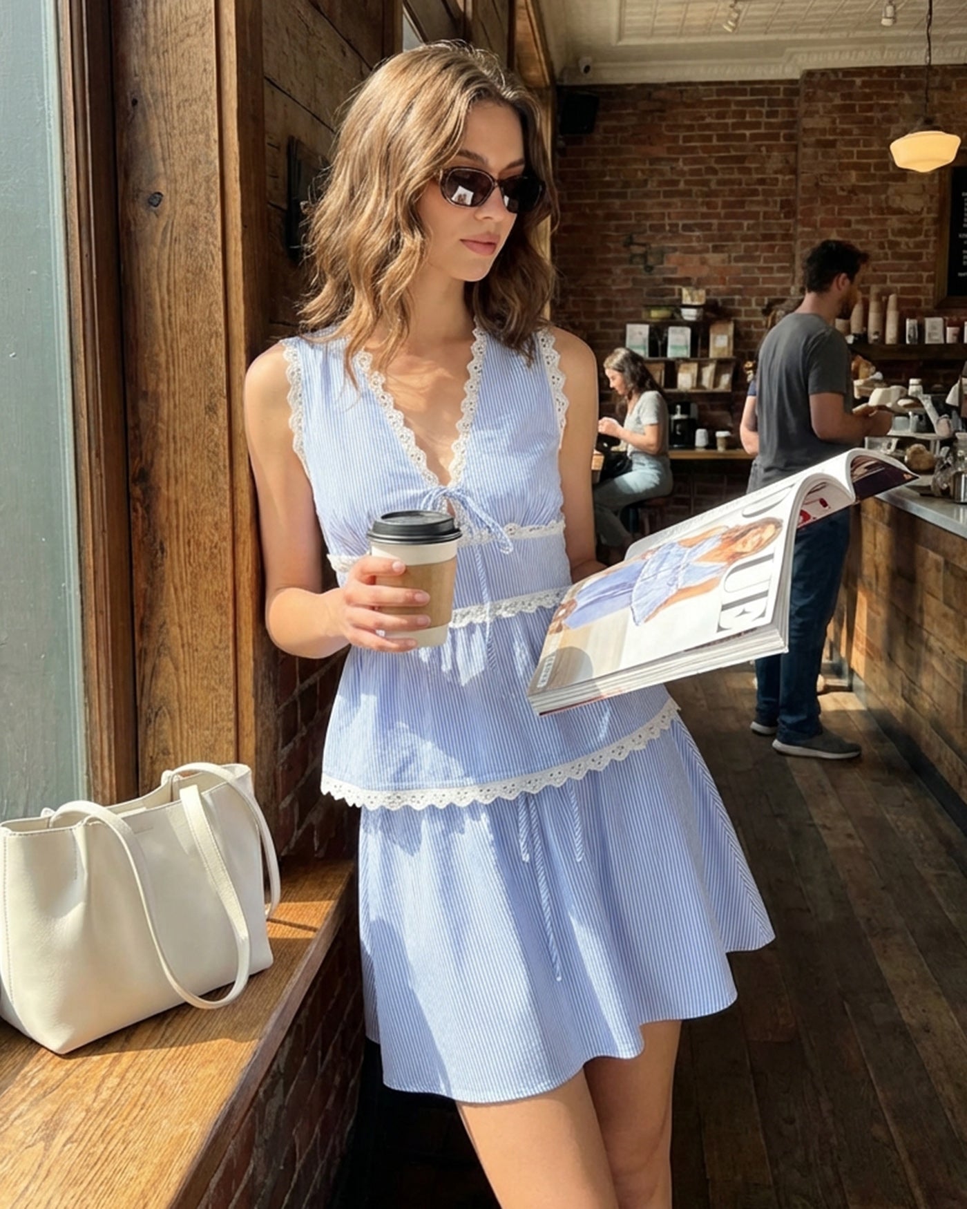 Mini Skirt with Blue Elastic Waist and Tie Detail