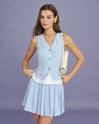 Textured Blue Pleated Mini Skirt