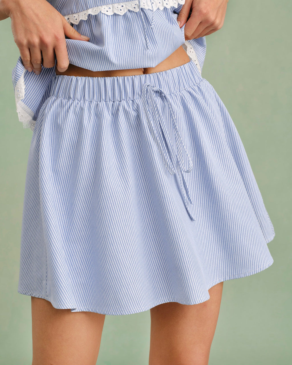 Mini Skirt with Blue Elastic Waist and Tie Detail