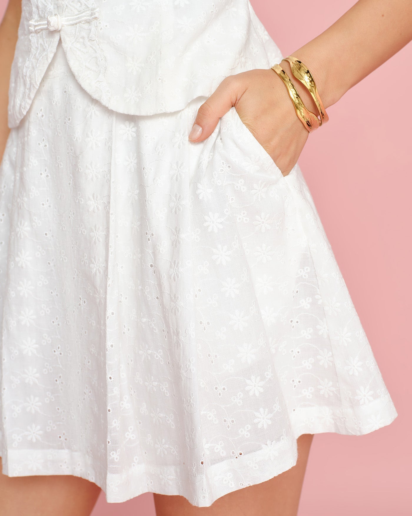 Mini Skirt with White Embroidered Pockets