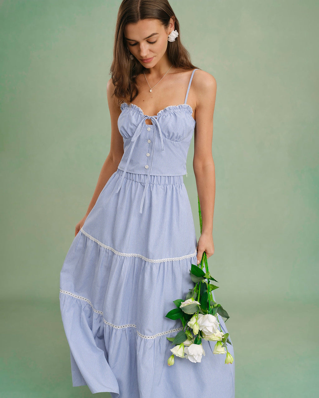 Blue Stretchy Midi Skirt with Elastic Waist
