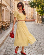 Embroidered Yellow Midi Skirt with Button Detail