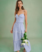Blue Stretchy Midi Skirt with Elastic Waist